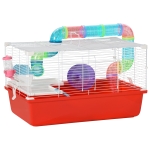 PawHut Large Hamster Cage and Habitat, 2-Level Steel Rat Cage, Small Animal House, with Tube Tunnels, Exercise Wheel, Water Bottle, Food Dish, Hut, Ladder, Top Handle, 23" x 14" x 14", Red