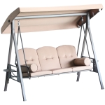 Outsunny Outdoor Patio 3-Person Steel Canopy Cushioned Seat Bench Swing with Included Side Trays & Padded Comfort - Brown