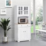 HOMCOM Coastal Style Kitchen Buffet and Hutch Wooden Storage Cupboard with Framed Glass Door LouveredCabinet Drawers Microwave Space for Dining Room Living Room White