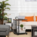 HOMCOM Mobile Sofa Side Table, C Shaped End Table Couch Table with Metal Mesh Shelf, Rolling Castors for Living Room, Bedroom, Rustic Brown