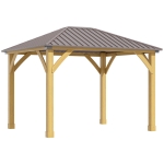 Outsunny 10x12 Galvanized Steel Gazebo with Wooden Frame, Permanent Metal Roof Gazebo Canopy for Garden, Patio, Backyard, Brown