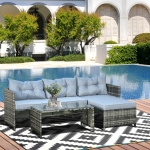 Outsunny 3pcs Outdoor Rattan Wicker Sofa and Chaise Lounge Set with Cushion Garden Patio Furniture Black and Dark Blue(c-1)