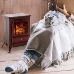 HOMCOM 16" Free Standing Electric Fireplace Portable Adjustable Stove with Heater Wood Burning Flame 750/1500W Red Brown