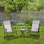 Outsunny 3 Piece Outdoor Rocking Chair Patio Table Seating Set Rocker Bistro Sling Mesh Lounger Coffee Desk, Cream White