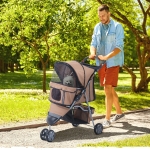 PawHut 3 Wheel Folding Pet Stroller Cat Dog Carrier Cart Jogging Stroller with Brake and Canopy, Coffee