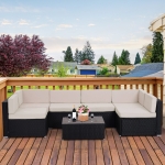 Outsunny 7pcs Outdoor Wicker Sofa Set Patio Furniture All Weather Rattan Conversation Lounge Chair with Coffee Table Garden Couch Seat w/ Cushion Black Khaki