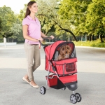 PawHut 3 Wheels Pet Stroller Foldable Carrier Jogging Stroller with Brake, Canopy, Cup Holders and Bottom Storage Space (Red)