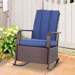 Outsunny Outdoor Rattan Wicker Rocking Chair Patio Recliner with Soft Cushion, Adjustable Footrest, Max. 135 Degree Backrest, Dark Blue
