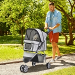 PawHut 3 Wheels Pet Stroller Foldable Carrier Jogging Stroller with Brake, Canopy, Cup Holders and Bottom Storage Space (Grey)