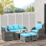 Outsunny 6 Pieces Patio Wicker Sofa Sets, Outdoor Sectional Furniture Set, Include 3-Seat Sofa, 2 Adjustable Recliners, 2 Footstools & Table Set for Lawn Garden Backyard, Sky Blue