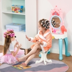 Qaba 20 PCS Kids Vanity Dressing Table Play Set, Musical Beauty Kit Pretend Toy, w/ Magic Glamour Princess Mirror, Lights, Make Up Desk, Stool, for 3-4 Years Old White+Pink