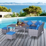 Outsunny 5-Piece Patio PE Rattan Dining Set, Modern Outdoor Wicker Conversation Furniture Sets w/ Wood Grain Plastic Table Top & Padded Cushions, Blue