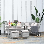 Outsunny 5-Piece Patio PE Rattan Dining Set, Modern Outdoor Wicker Conversation Furniture Sets w/ Wood Grain Plastic Table Top & Padded Cushions, Beige