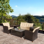 Outsunny 4 PCS Outdoor Patio Furniture Wicker Chair Set Coffee Table w/ Cushions Beige