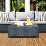 Outsunny Outdoor PE Rattan Wicker Table, Patio Garden Side Table w/ Glass Top for Patio, Balcony, Mixed Grey(c-3)