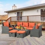 Outsunny 6pc Wicker Sectional Set Cushioned Outdoor Rattan 3-Seat Sofa 2 Adjustable Recliners 2 Footstools & Table Set Patio Furniture Orange