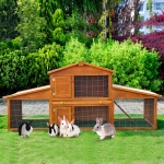 PawHut 2-Story Rabbit Hutch Wooden Small Animal House Backyard Cage w/Outdoor Run Ramp