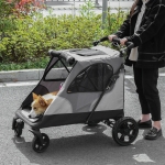 PawHut Pet Stroller Foldable Cat Dog Jogging Stroller w/ Adjustable Handlebar Rear Door Storage Bag Mesh Window Safety Leash Grey