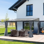 Outsunny 13' x 9.5' Outdoor Hardtop Pergola PC Roof Gazebo Party Tent Garden Sun Shelter Waterproof and UV protection with Curtains, Grey(c-2)