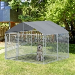 PawHut 7.5'Lx7.5'Wx5.6'H Large Outdoor Dog Kennel Playpen Galvanized Pet Exercise House Cage with Canopy Roof, Silver