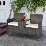 Outsunny 2 Seat Rattan Wicker Chair with Cushion Garden Bench with Tea Table Backyard All Weather Padded Seat Grey