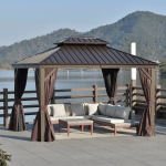 Outsunny 12' x 10' Outdoor Hardtop Gazebo with Galvanized Steel Canopy & Netting Sidewalls for Lawn, Backyard, Brown(c-3)