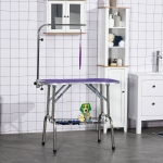 PawHut 37" Foldable Pet Grooming Table Dog Drying Table with Adjustable Arm Non-Slip Rubber Tabletop Aluminium Alloy Edge Stainless Steel Bar Hanging Leash Purple(c-4)