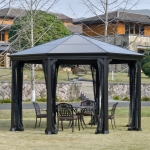 Outsunny 15' x 15' Polycarbonate Hardtop Gazebo Canopy Octagonal Heavy Duty Outdoor Pavilion, Netting Sidewalls, Brown