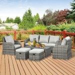 Outsunny 6pc Wicker Sectional Set Cushioned Outdoor Rattan 3-Seat Sofa, 2 Adjustable Recliners, 2 Footstools & Table Set Patio Furniture Light Grey