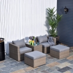 Outsunny 5 PCs Rattan Outdoor 2 Cushioned Single Sofa Chair Foot Stool Coffee Table Set