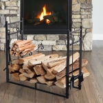 Outsunny Wood Storage Rack Log Holder with Kindling Holder and 4 Tools Indoor Outdoor Metal Black