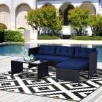 Outsunny 3pcs Outdoor Rattan Wicker Sofa and Chaise Lounge Set with Cushion Garden Patio Furniture Black and Dark Blue(c-2)