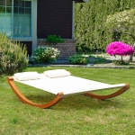 Outsunny Rocking Double Sun Lounger Hammock with Curved Wooden Stand Outdoor Yard Patio, White Teak