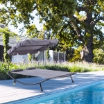 Outsunny Double Chaise Outdoor Lounge Bed with Canopy and Headrest Pillow, Portable Patio Sunbed Hammock Lounger, Grey
