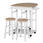 HOMCOM 3 Pieces Kitchen Cart Set Drop Leaf Breakfast Table with 2 Stools Rolling Wheels for Living Dining Room Apartment