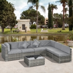 Outsunny 7pc Garden Wicker Sectional Set w/Tea Table Patio Rattan Lounge Sofa with Cushion Outdoor Deck Furniture All Weather Grey