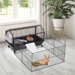PawHut Metal Small Rabbit Hutch Cage Main House Guinea Pig Hutch Small Animal Shed W/ wheels and brakes Foldable Large Run Detachable Black (34.75" L x 50.5" W x 22" H)