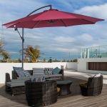 Outsunny Φ10' Deluxe Patio Umbrella Outdoor Market Parasol Banana Hanging Offset Sunshade Crank Cross Base, Wine Red