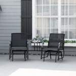 Outsunny Durable Double Patio Glider Chair w/ Center Table Outdoor Comfortable High Back Armchair Set Sling Fabric Garden Bench w/ Glass Top Table, Black