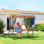 Outsunny 2-Seat Kids Patio Swing Chair, Children Outdoor Patio Lounge Chair, for Garden Porch, with Adjustable Canopy, Seat Belt, Monkey Pattern, for 3-6 Years Old, Coffee