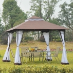 Outsunny 10x10ft Double Tier Garden Gazebo Canopy Outdoor Sunshade Tent Water-Resistant Anti-UV Roof with Metal Frame and Mesh Sidewalls