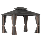 Outsunny 12'x10' Hardtop Gazebo with Aluminum Frame, Permanent Metal Roof Gazebo Canopy with Curtains and Netting for Gardens, Patios, Backyards, Dark Brown