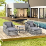 Outsunny 5-Piece Patio Rattan Wicker Conversation Set Outdoor Furniture with 2 Cushioned Armchair, 2 Ottomans and Coffee Table, Grey