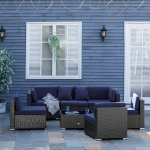 Outsunny 7pc Garden Wicker Sectional Set w/ Tea Table Patio Rattan Lounge Sofa with Cushion Outdoor Deck Furniture All Weather Coffee and Dark Blue