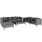 Outsunny 9-Piece Rattan Wicker Outdoor Patio Sectional Furniture Conversation Set with Modern Design, Thick Soft Cushions, Footstool & Tea Table, Black