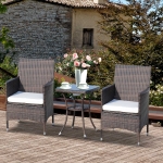 Outsunny 3 Pieces Patio Bistro Set, Outdoor PE Rattan Porch Furniture with Two Armchairs, Glass Top Coffee Table, Coffee