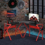HOMCOM Gaming Desk, L-Shaped Corner Computer Table for Home Office, Workstations with Adjustable Monitor Stand Cup Holder Headphone Hook 49.25" x 49.25" x 29.5" Red
