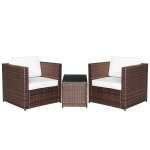 Outsunny 3 Pieces Patio Bistro Set, Outdoor PE Rattan Wicker Porch Furniture W/ Washable Cushion and Tempered Glass Tabletop Coffee Table, Conversation Sofa Set for Garden, Backyard, Balcony, White