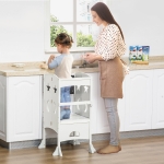 Qaba Kids Kitchen Helper Foldable Step Stool Toddler Kitchen Stool Learning Tower with Blackboard Lockable Handrail for 3-6 Years old White