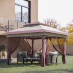 Outsunny 12' x 12' Heavy Duty Pop Up Canopy with Center Lift Hook Design, Mesh Sidewall Netting, 3-Level Adjustable Height and Storage Bag, Beige
